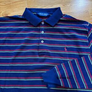 Vintage Polo Ralph Lauren Golf Long Sleeve Polo Shirt Mens L Navy Red Stripe Y2K